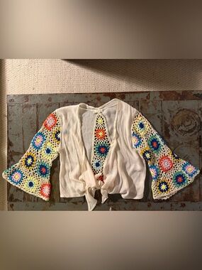 Elan Cream Tie-Front Top with Multicolor Crochet Sleeves